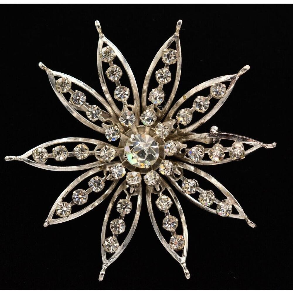 Vintage Crystal Flower Pin Brooch Baguette Prong Rhinestone Silver 1960s BinAL